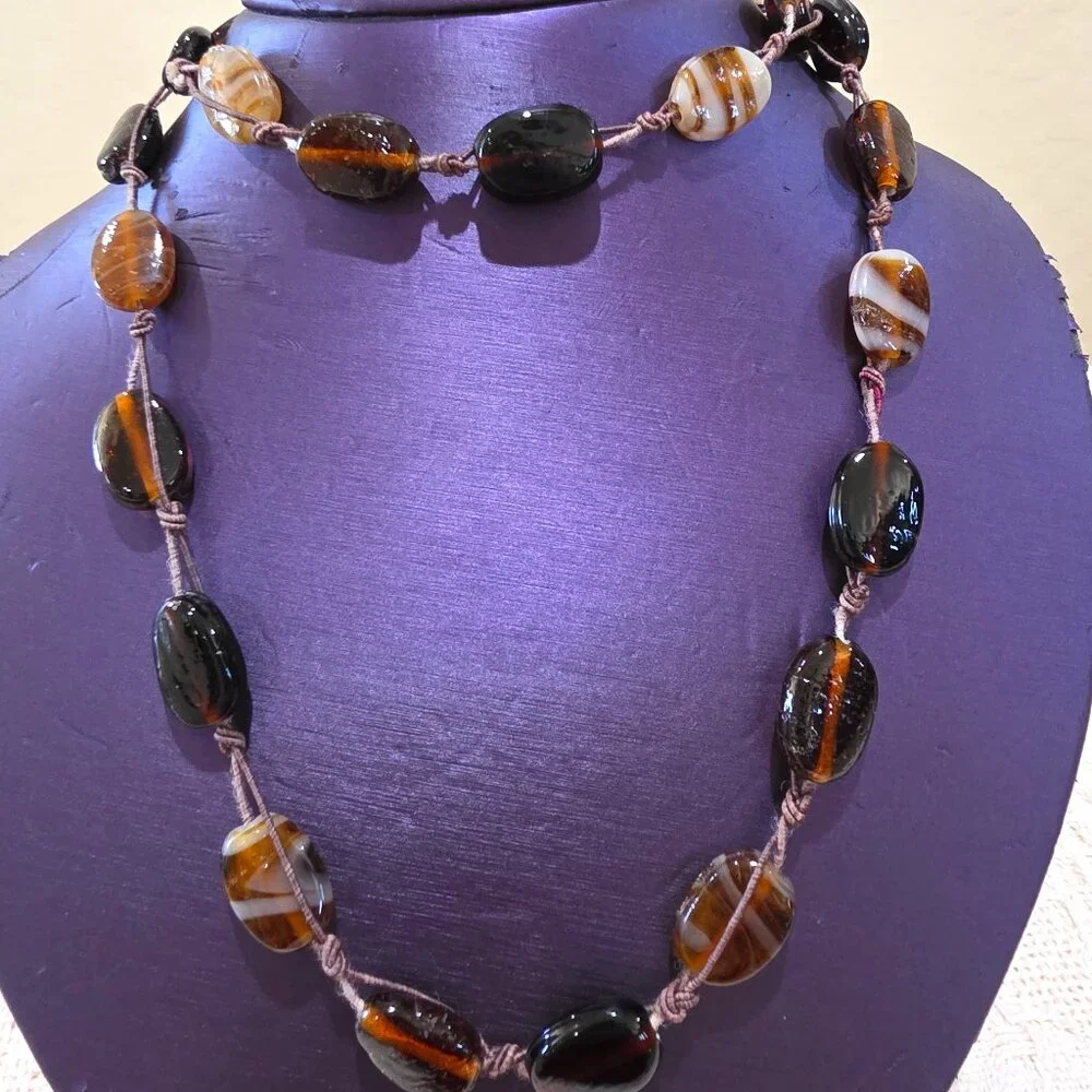 Artisan BOHO Earth Colors Rootbeer Brown Stripe Amber Art Glass Long Necklace